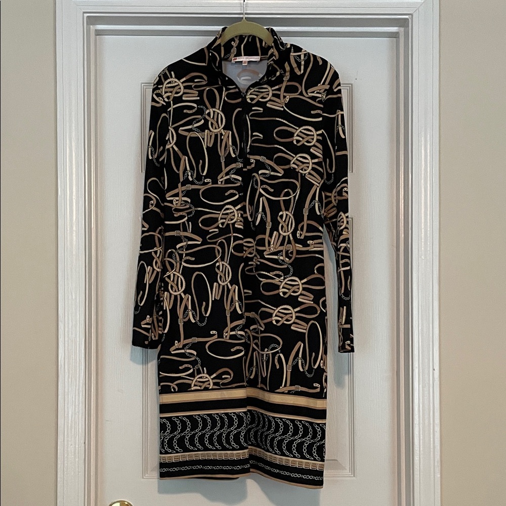 Jude Connally 1/4 Zip Black & Tan Horse bit & Chain Patterned Long Sleeve Dress